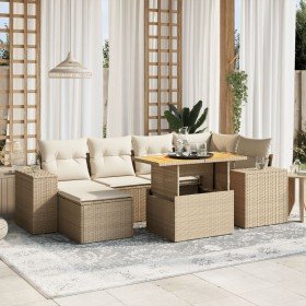 Set sofás de jardín 7 piezas y cojines ratán sintético beige