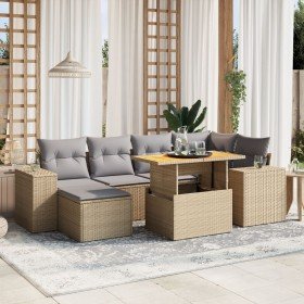 Set sofás de jardín 7 piezas y cojines ratán sintético beige