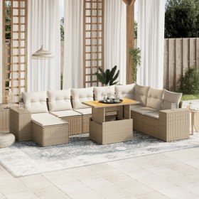 Set de sofás de jardín 9 pzas con cojines ratán sintético beige