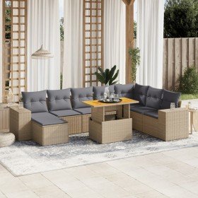 Set de sofás de jardín 9 pzas con cojines ratán sintético beige Set de sofás de jardín 9 pzas con cojines ratán sintético beige