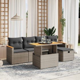 Set de muebles de jardín 6 pzas y cojines ratán sintético gris