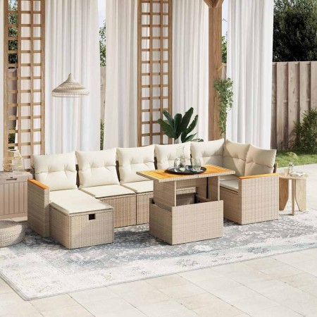 Juego de sofás de jardín con cojines beige 8 pzas ratán PE