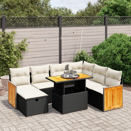 Set de sofás de jardín 8 piezas y cojines ratán sintético negro