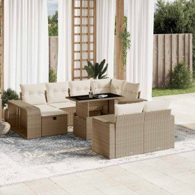 Set de sofás de jardín 11pzas con cojines ratán sintético beige