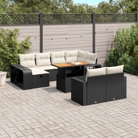 Set de sofás de jardín 11 pzas y cojines ratán sintético negro