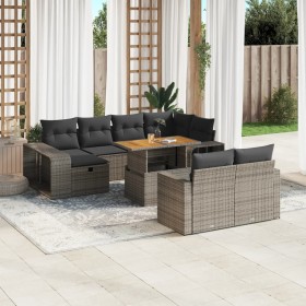 Set de sofás de jardín 11 pzas y cojines ratán sintético gris