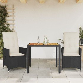 Mesa y sillas con cojines 3 pzas ratán sintético y acacia negro