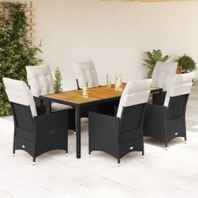 Set de comedor de jardín 7 pzas y cojines ratán sintético negro Set de comedor de jardín 7 pzas y cojines ratán sintético negro