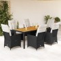 Set de comedor de jardín 7 pzas y cojines ratán sintético negro