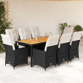 Set de comedor de jardín 9 pzas y cojines ratán sintético negro