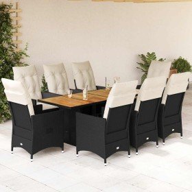 Set de comedor de jardín 9 pzas y cojines ratán sintético negro Set de comedor de jardín 9 pzas y cojines ratán sintético negro