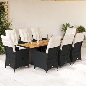 Set de comedor de jardín 9 pzas y cojines ratán sintético negro