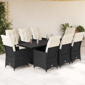 Set de comedor de jardín 9 pzas y cojines ratán sintético negro