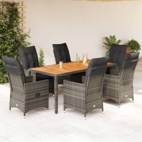 Set comedor jardín 7 pzas y cojines ratán sintético gris