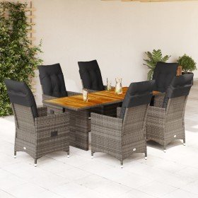 Set comedor jardín 7 pzas y cojines ratán sintético gris