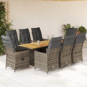 Set comedor jardín 9 pzas y cojines ratán sintético gris