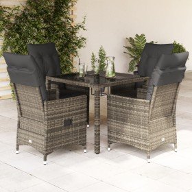 Set comedor de jardín 5 piezas con cojines ratán sintético gris