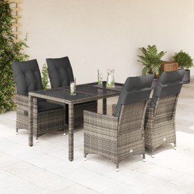 Set comedor de jardín 5 piezas con cojines ratán sintético gris