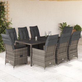Set comedor jardín 9 pzas y cojines ratán sintético gris