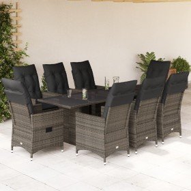 Set comedor jardín 9 pzas y cojines ratán sintético gris