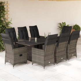 Set comedor jardín 9 pzas y cojines ratán sintético gris