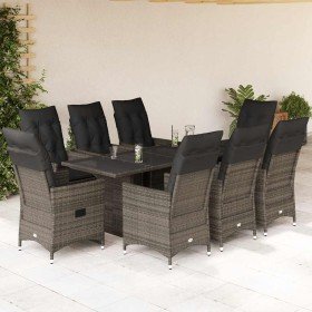 Set comedor jardín 9 pzas y cojines ratán sintético gris