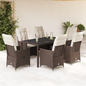 Set comedor de jardín 7 pzas con cojines ratán sintético marrón