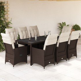 Set comedor para jardín 9 pzas y cojines ratán sintético marrón