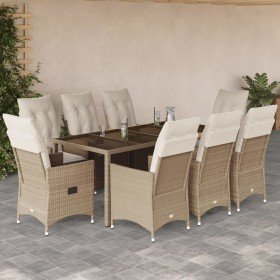 Set comedor de jardín 9 pzas con cojines ratán sintético beige