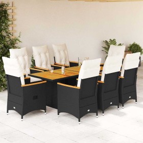 Set de comedor de jardín 9 pzas y cojines ratán sintético negro