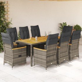 Set comedor jardín 9 pzas y cojines ratán sintético gris