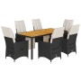 Set de comedor de jardín 7 pzas y cojines ratán sintético negro