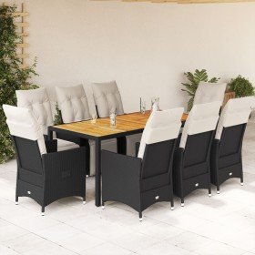 Set de comedor de jardín 9 pzas y cojines ratán sintético negro