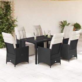Set de comedor de jardín 7 pzas y cojines ratán sintético negro