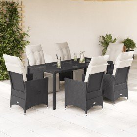 Set de comedor de jardín 7 pzas y cojines ratán sintético negro Set de comedor de jardín 7 pzas y cojines ratán sintético negro