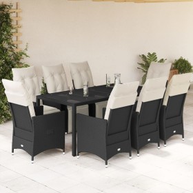 Set de comedor de jardín 9 pzas y cojines ratán sintético negro