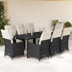 Set de comedor de jardín 9 pzas y cojines ratán sintético negro
