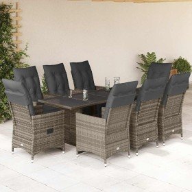 Mesita y sillas jardín 9 piezas y cojines ratán sintético gris