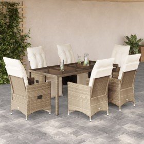 Set de mesa y sillas de jardín 7 pzas y cojines ratán PE beige Set de mesa y sillas de jardín 7 pzas y cojines ratán PE beige