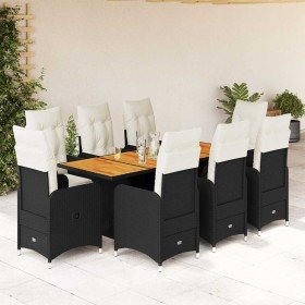 Set de mesa y sillas de jardín 9 pzas y cojines ratán PE negro Set de mesa y sillas de jardín 9 pzas y cojines ratán PE negro