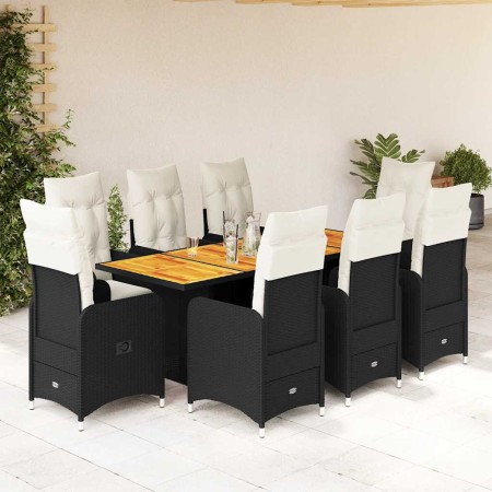 Set de mesa y sillas de jardín 9 pzas y cojines ratán PE negro