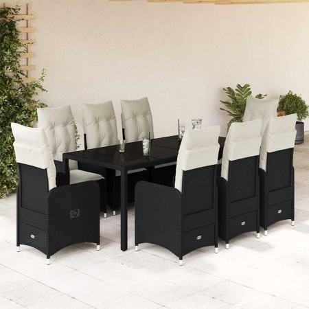 Set de mesa y sillas de jardín 9 pzas y cojines ratán PE negro