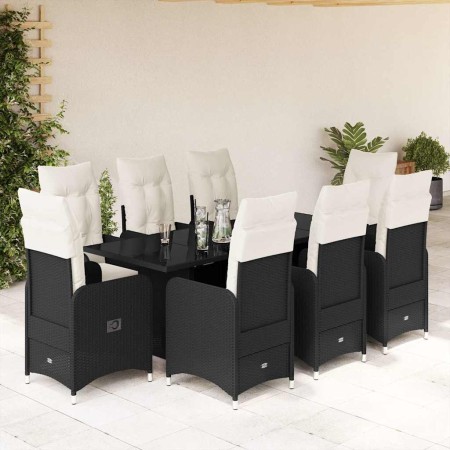 Set de mesa y sillas de jardín 9 pzas y cojines ratán PE negro