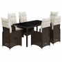Set de mesa y sillas jardín 7 pzas con cojines ratán PE marrón