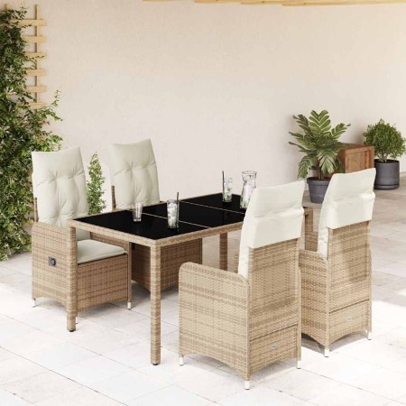 Mesita y sillas jardín 5 pzas y cojines ratán sintético beige