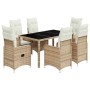 Set de mesa y sillas de jardín 7 pzas y cojines ratán PE beige