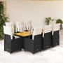Set de mesa y sillas de jardín 9 pzas y cojines ratán PE negro