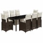 Set de mesa y sillas jardín 9 piezas y cojines ratán PE marrón