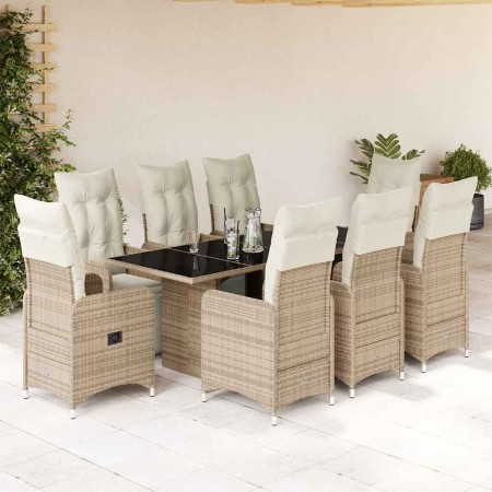 Set de mesa y sillas jardín 9 piezas y cojines ratán PE marrón