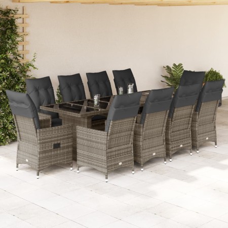 Set de mesa y sillas de jardín 11 pzas y cojines ratán PE gris